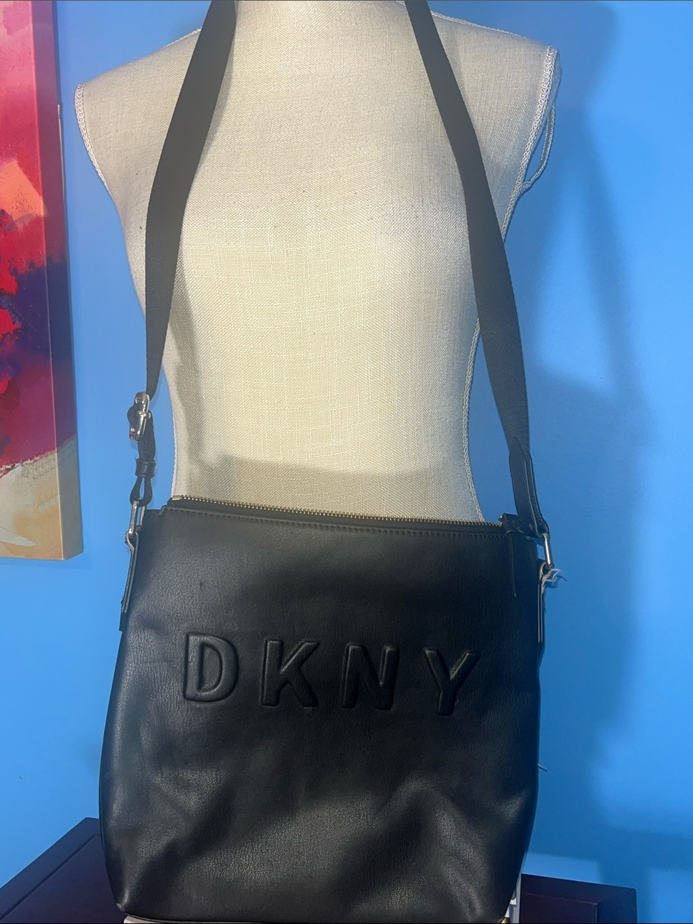 DKNY Black Embossed Logo Leather Shoulder Bag